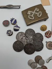 Collection of Vintage Danish Military and Commemorative Medals, Pins, and Coins