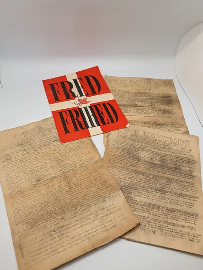Danish WWII Resistance Newspapers and Fred Frihed Propaganda Flyer