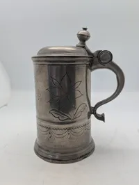 Antique 1813 Engraved Pewter Lidded Stein with Floral Motifs