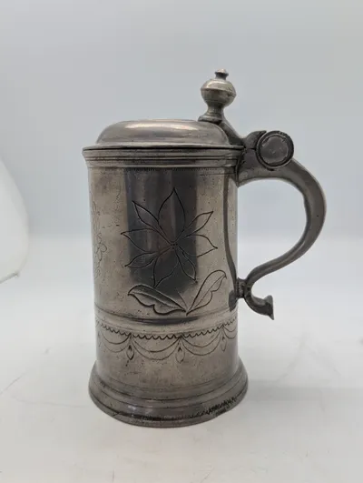 Antique 1813 Engraved Pewter Lidded Stein with Floral Motifs