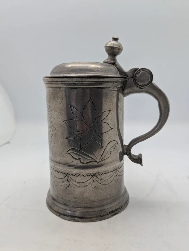 Antique 1813 Engraved Pewter Lidded Stein with Floral Motifs