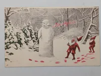 Vintage Danish Christmas Postcard with Snowman and Nisse