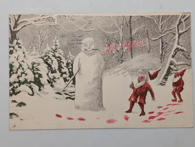 Vintage Danish Christmas Postcard with Snowman and Nisse
