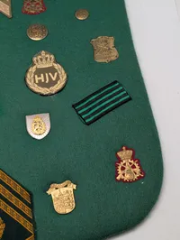 Samling af danske militære distinktioner og emblemer på grønt filt