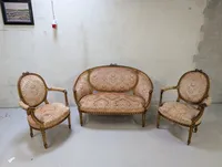 Fransk Louis XVI-stil salonmøbelsæt med forgyldt træ og brokadevævning