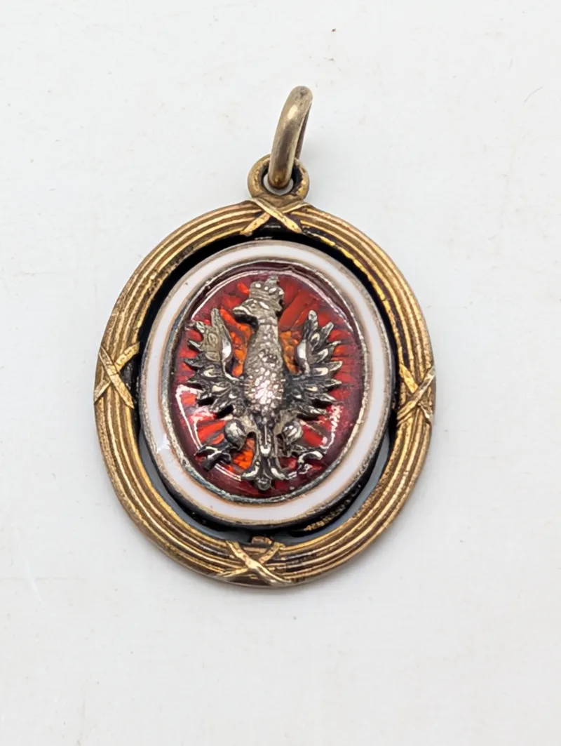 Antique Polish Eagle Enamel Pendant in Gilt Metal Frame