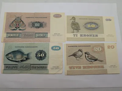 Sæt af fire danske pengesedler fra Serie 1972 med dyremotiver