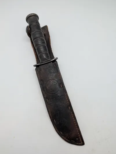 KA-BAR USMC Fighting Utility Knife with Leather Sheath WW2 