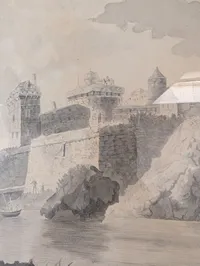 Sø kadet tegning Nicolay Wulff (1783-1807), tuschtegning,  flodparti med personer