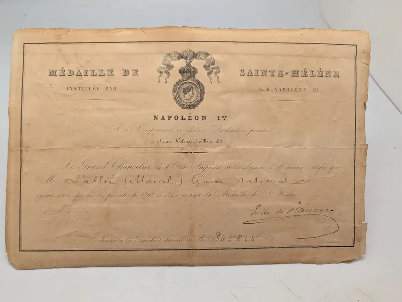 Fransk Médaille de Sainte-Hélène Diplom, Napoleon III
