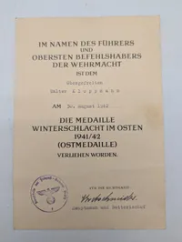 Tysk tildelingsbevis for Østfrontmedaljen (Ostmedaille) 1942