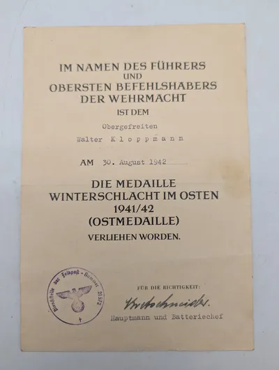 Tysk tildelingsbevis for Østfrontmedaljen (Ostmedaille) 1942