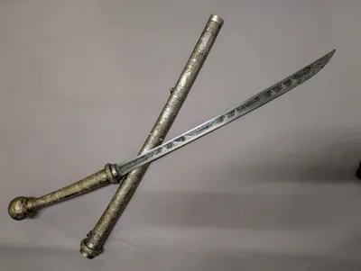 Burmese Silver Dha Sword with Inscribed Steel Blade