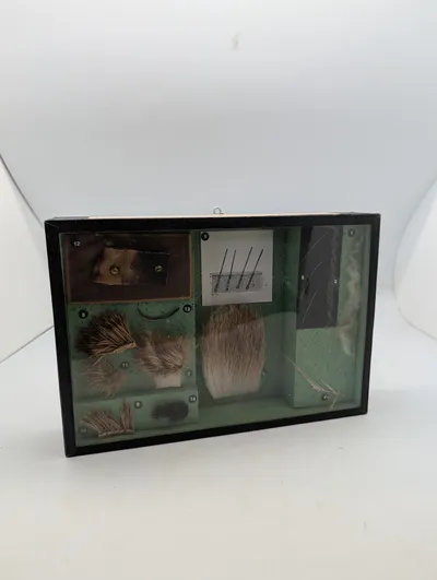 Vintage zoologisk undervisningsmontre med dyrehår og hudprøver