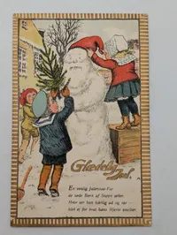 Vintage Danish Christmas Postcard with Children Building a Snowman