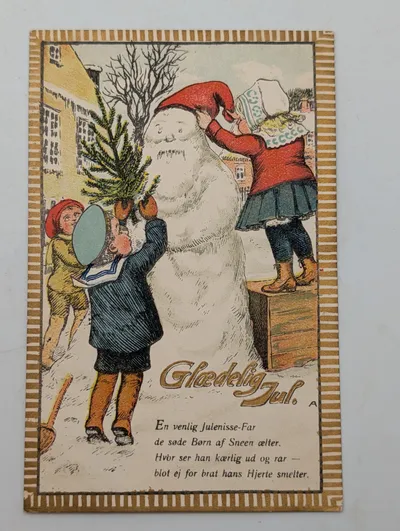 Vintage Danish Christmas Postcard with Children Building a Snowman