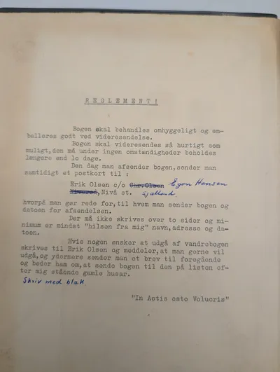 Dansk Vandrebog med Maskinskrevet Reglement og Latinsk Motto GHR 