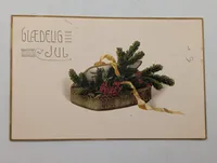 Vintage Danish Glædelig Jul Christmas Postcard with Pine and Berries