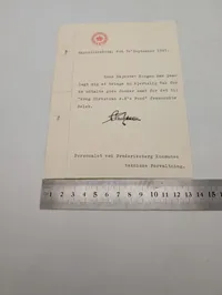 Takkebrev fra Hans Majestæt Kongens Intendantur, Christiansborg 1943