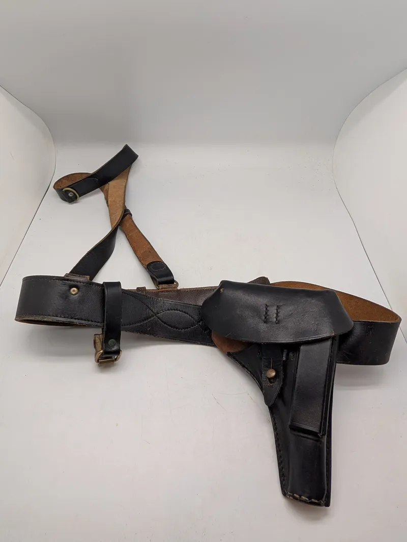 Vintage Dansk Politi  læderpistolhylster med bælte og skulderrem