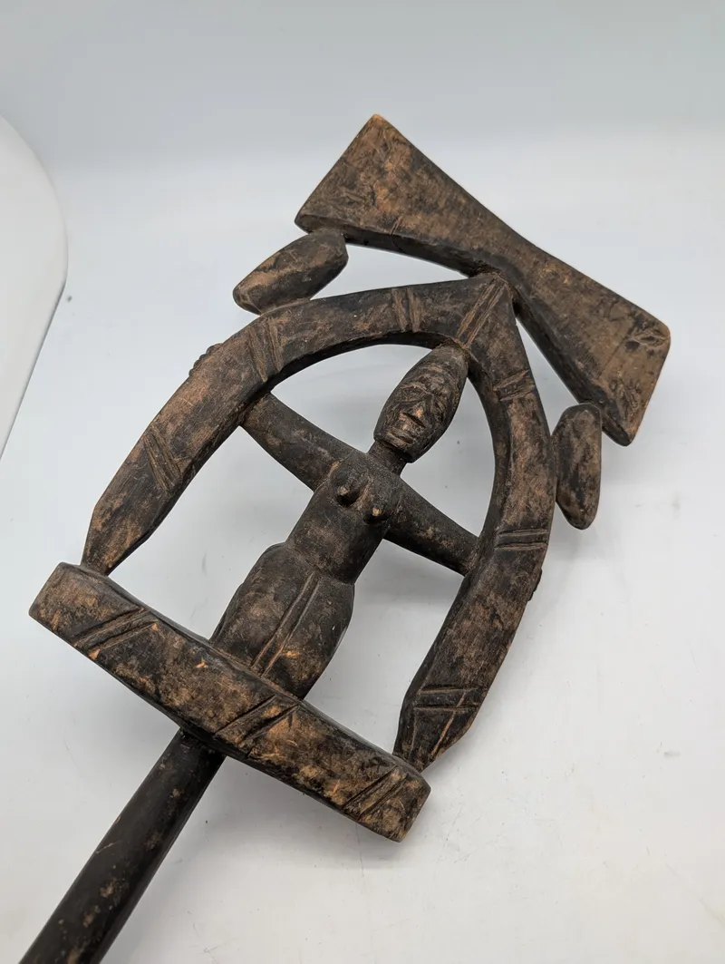 West African Hand-Carved Wooden Scepter with Female Figure