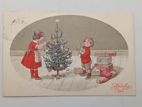 Vintage Danish Glædelig Jul Postcard with Children and Christmas Tree