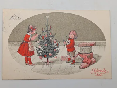 Vintage Danish Glædelig Jul Postcard with Children and Christmas Tree