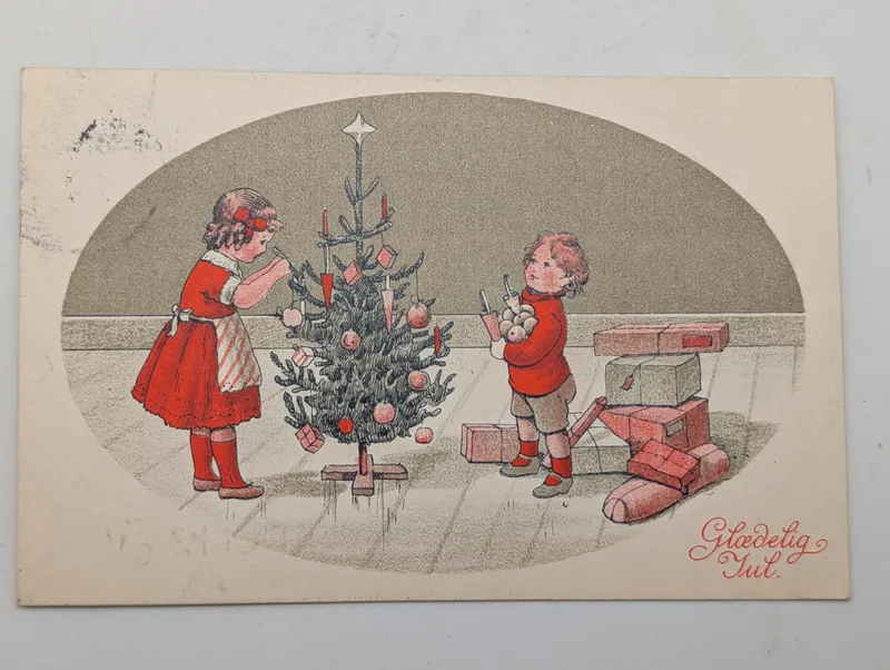 Vintage Danish Glædelig Jul Postcard with Children and Christmas Tree