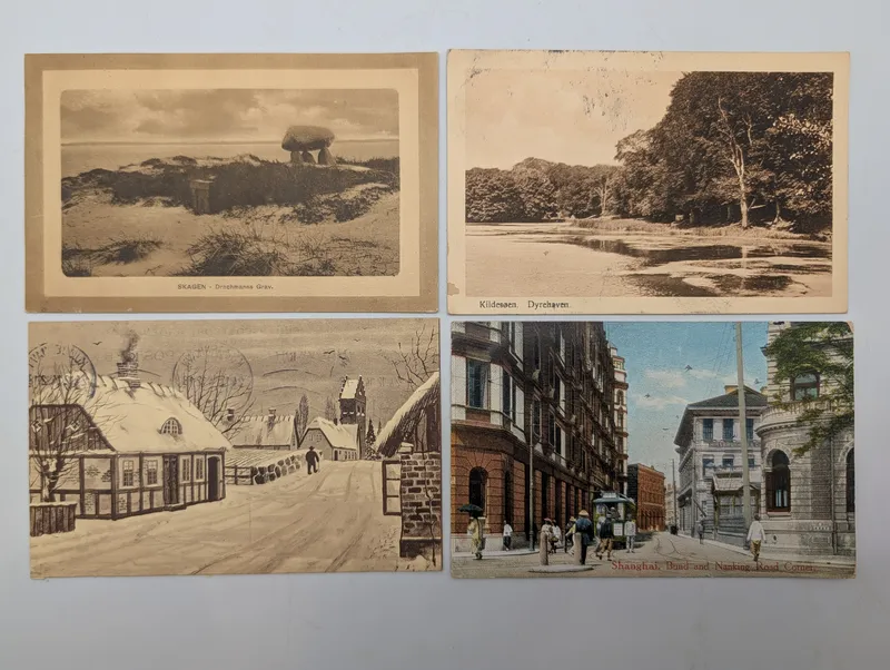Set of Four Vintage Postcards Featuring Denmark and Shanghai