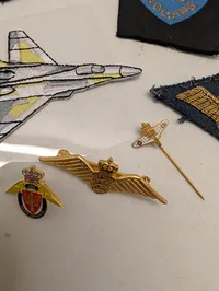 Samling af danske Flyvevåbnet emblemer, stofmærker og pins