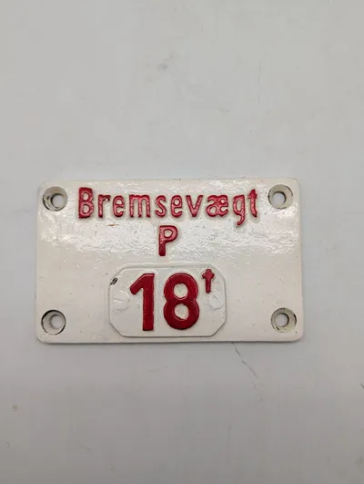Dansk Jernbane Emaljeskilt - Bremsevægt P 18t