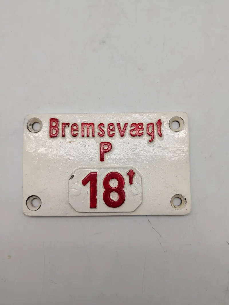 Dansk Jernbane Emaljeskilt - Bremsevægt P 18t