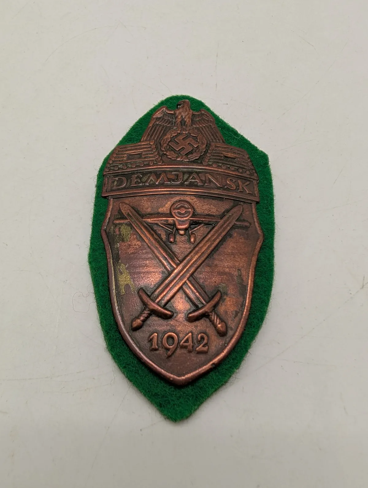 WWII German Demjansk Shield Campaign Award on Green Wool Backing POSTWAR