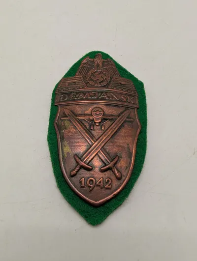 WWII German Demjansk Shield Campaign Award on Green Wool Backing POSTWAR