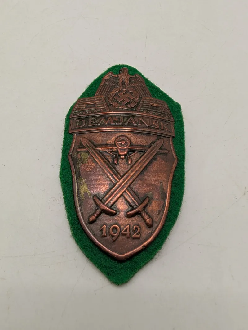 WWII German Demjansk Shield Campaign Award on Green Wool Backing POSTWAR