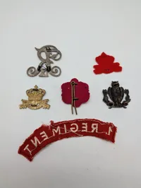 Samling af danske militære emblemer og distinktioner, herunder 1. Regiment