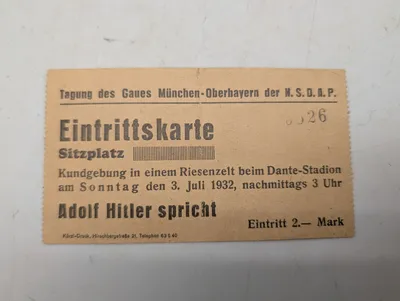 Historisk NSDAP-adgangsbillet til Adolf Hitler-tale, 1932