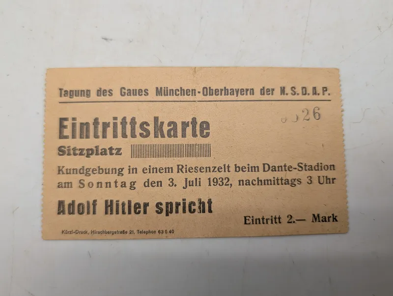 Historisk NSDAP-adgangsbillet til Adolf Hitler-tale, 1932