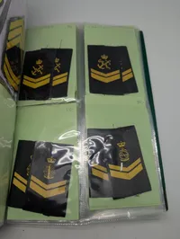 Samling af militære gradstegn og epauletter i mappe