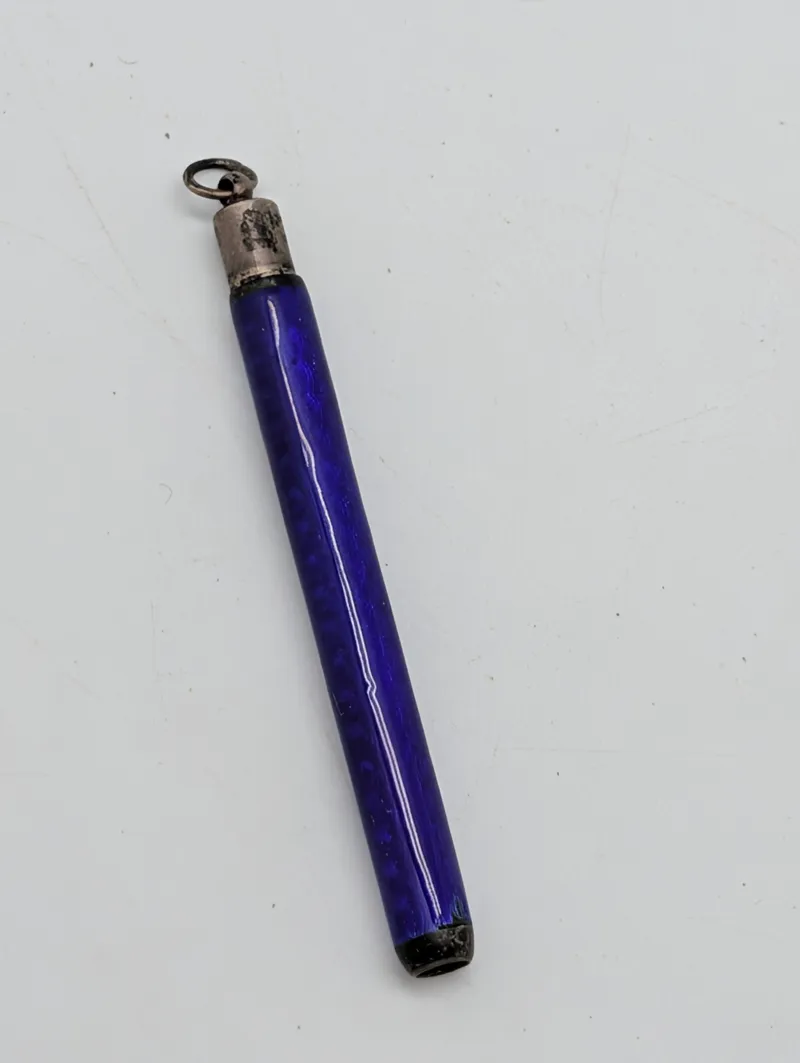 Antique Sterling Silver and Cobalt Blue Guilloché Enamel Chatelaine Pencil