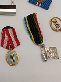 Samling af tyske sportsmedaljer og emblemer, herunder DSB og DJB