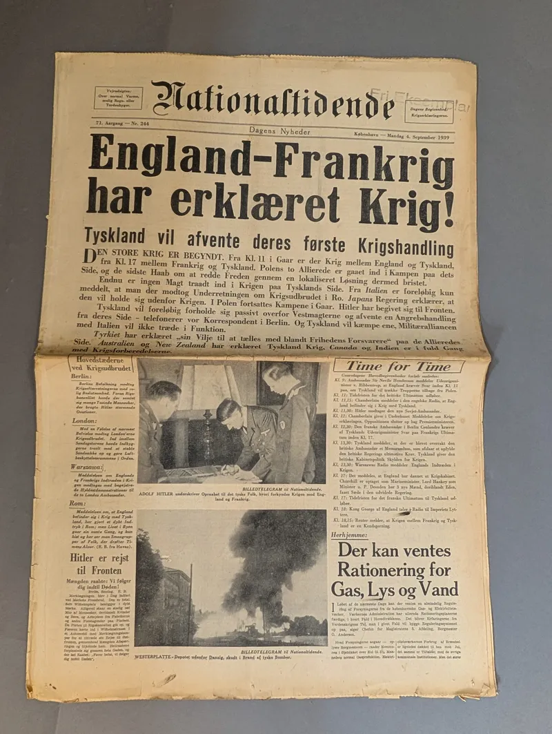 Nationaltidende Avis, 4. september 1939, England-Frankrig har erklæret Krig!