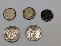 Samling af danske og norske sølvmønter, herunder 25 Øre og Christian VII