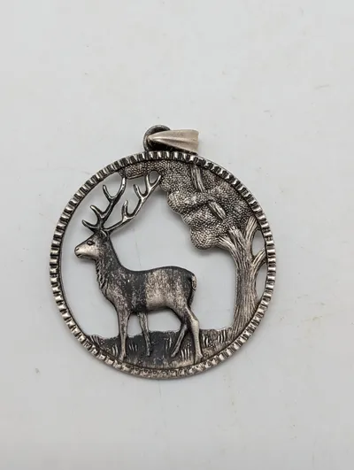 Vintage Silver-Tone Stag and Tree Openwork Circular Pendant