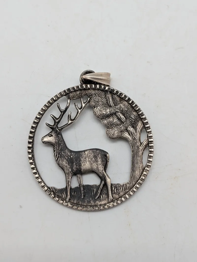 Vintage Silver-Tone Stag and Tree Openwork Circular Pendant