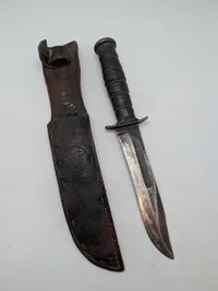 KA-BAR USMC Fighting Utility Knife with Leather Sheath WW2 