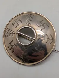 Latvian Silver Sakta Brooch with Swastika and Austras Koks Motifs