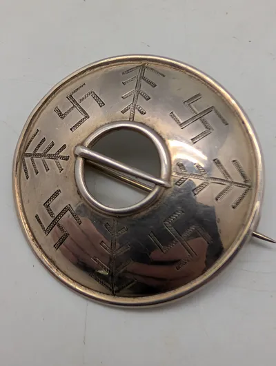 Latvian Silver Sakta Brooch with Swastika and Austras Koks Motifs