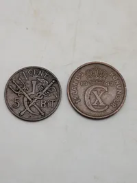 Dansk Vestindien 1 Cent / 5 Bit 1905 og Island 5 Aurar 1942 mønter