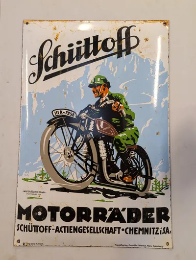 Schüttoff Motorräder emaljeskilt af Walter Biedermann